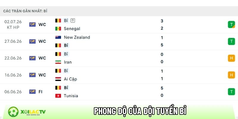 Phong độ của đội tuyển Bỉ